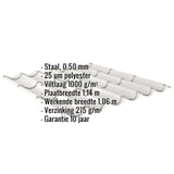 Dakpanplaat Zilver-Metallic met ingebedde specificaties voor materiaal, dikte en coating