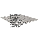 Dakpanplaat 2/1060 grijs aluminiumkleurig, infografiek met materiaal, dikte, coating en garantie