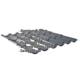 Dakpanplaat aluminium antracietgrijs met ingebedde productgegevens over materiaal, coating en garantie