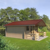 Dakpanplaat aluminium 0,70 mm roodbruin op het dak van een tuinhuis met luifel