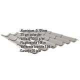Dakpanplaat aluminium RAL9007 met ingebouwde gegevens over materiaal, coating en garantie