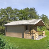 Tuinhuis met dak van dakpanplaat 2/1060 Zuiverwit (RAL 9010) en overdekt terras