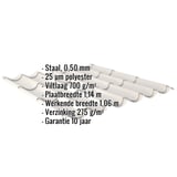 Dakpanplaat Grijswit RAL 9002, 0,50 mm staal, met ingebouwde technische gegevens en garantie-informatie