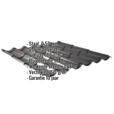 Dakpanplaat Gitzwart met ingebedde specificaties: Staal 0,50 mm, 25 µm polyester, viltlaag 700 g/m², 10 jaar garantie