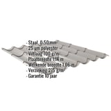 Dakpanplaat 2/1060, grijs aluminiumkleurig, met ingebedde productgegevens over materiaal, dikte en coating