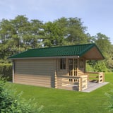Tuinhuis met dak van dakpanplaat 2/1060 in mosgroen RAL 6005, gemonteerd