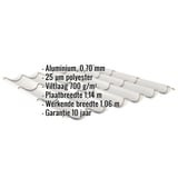 Dakpanplaat aluminium Zilver-Metallic met ingebedde gegevens over materiaal, dikte, coating en garantie