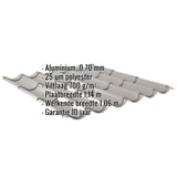 Dakpanplaat 2/1060 aluminium RAL9007 met ingebedde specificaties voor materiaal, coating en afmetingen