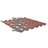 Dakpanplaat 2/1060, Roodbruin RAL 8012, 0,50 mm staal, met ingebedde productgegevens