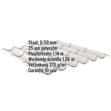 Dakpanplaat 2/1060 Zilver-Metallic met ingebedde technische gegevens over materiaal, dikte en breedte