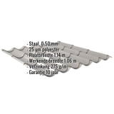 Dakpanplaat 2/1060, grijs aluminiumkleurig, met ingebedde specificaties voor materiaal, dikte en coating