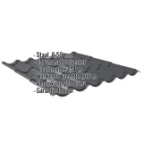 Dakpanplaat 2/1060 donkergrijs, 0,50 mm, met ingebedde specificaties voor materiaal, coating en garantie