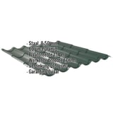 Dakpanplaat 2/1060 Mosgroen met ingebedde productgegevens over materiaal, dikte, coating en garantie