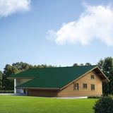 Landelijk houten huis met mosgroen dakpanplaat-dak