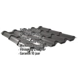 Dakpanplaat EUROPA Gitzwart RAL 9005 met ingebedde productgegevens zoals materiaal, dikte en coating