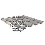 Dakpanplaat EUROPA grijs aluminiumkleurig met ingebedde productgegevens zoals materiaal, dikte en coating