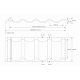 Technische tekening dakpanplaat EUROPA met afmetingen en capillaire groef