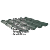 Dakpanplaat EUROPA Mosgroen, 0,50 mm staal met 60 µm Puramid coating, anti-condens vilt en specificaties getoond