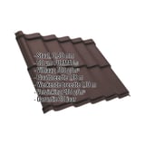 Dakpanplaat Szafir 350/15 in RAL 8017 Chocoladebruin, 0,50 mm, met ingebedde productgegevens
