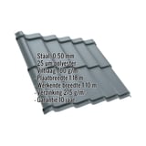 Dakpanplaat Szafir 350/15 Pelsgrijs, 0,50 mm, met ingebedde specificaties over materiaal, coating en afmetingen
