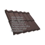 Dakpanplaat Szafir 350/15, 0,50 mm, RAL 8017 Chocoladebruin met ingebedde technische gegevens