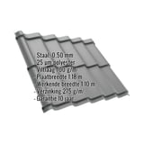 Dakpanplaat Szafir 350/15, grijs aluminiumkleurig, met ingebedde productgegevens
