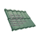 Dakpanplaat Szafir 350/15 mosgroen, 0,50 mm, met ingebouwde technische gegevens