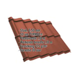 Dakpanplaat Szafir 350/15 Terracotta met ingebedde specificaties voor materiaal, coating en afmetingen
