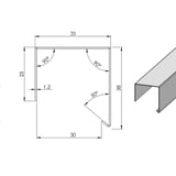 Technische tekening van de doorsnede van het dakrandprofiel CUBE met afmetingen en hoeken
