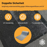 Dak reparatieband Vlies+ op zwarte ondergrond, met symbolen voor UV-, water- en vorstbestendigheid