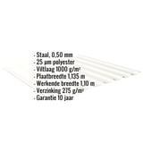 Damwandplaat 20/1100, zuiverwit, met ingebedde productdetails over materiaal, coating en garantie