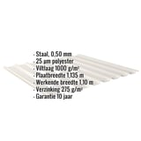 Damwandplaat 20/1100, Grijswit (RAL 9002), met ingebedde gegevens over materiaal, dikte en coating