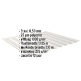 Damwandplaat 20/1100 Zilver-Metallic met ingebedde productgegevens over materiaal, coating en afmetingen