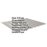 Damwandplaat 20/1100, grijs aluminiumkleurig, met ingebouwde gegevens over materiaal, dikte en coating