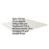 Infographic: Damwandplaat 20/1100 met specificaties zoals staal 0,63 mm, 25 µm polyester, viltlaag 1000 g/m²