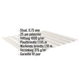Damwandplaat 20/1100 Grijswit met productgegevens over materiaal, dikte en coating als infografiek