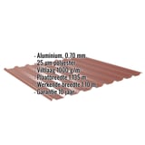 Damwandplaat 20/1100 aluminium roodbruin met ingebedde gegevens over materiaal, coating en afmetingen