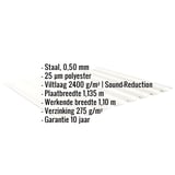 Damwandplaat 20/1100, Zuiverwit RAL 9010, infografiek met specificaties van materiaal, dikte, coating en garantie
