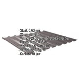 Damwandplaat 20/1100, staal 0,63 mm, 25 µm polyester, anti-condensvlies 2400 g/m², infografiek met specificaties