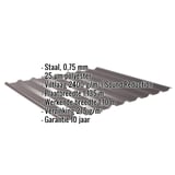 Damwandplaat 20/1100 in RAL 8017 met ingebedde gegevens over materiaal, coating en afmetingen