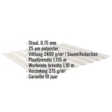 Damwandplaat 20/1100 Grijswit, infografiek met specificaties over materiaal, dikte en coating