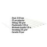 Damwandplaat 20/1100, zuiverwit, met ingebedde productgegevens over materiaal, coating en garantie
