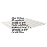 Damwandplaat 20/1100 Zilver-Metallic met ingebedde productgegevens over materiaal, dikte en coating
