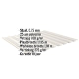 Damwandplaat 20/1100, Grijswit (RAL 9002), met ingebedde specificaties voor materiaal, dikte en coating