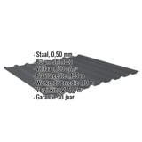 Damwandplaat 20/1100 antracietgrijs met ingebedde gegevens over materiaal, coating en garantie