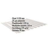 Damwandplaat 20/1100, lichtgrijs, met ingebedde gegevens over materiaal, coating en garantie