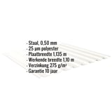 Damwandplaat 20/1100, zuiverwit, met ingebedde productgegevens over materiaal, dikte en coating