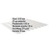 Damwandplaat 20/1100 Zilver-Metallic met ingebedde productgegevens over materiaal, dikte, coating en garantie