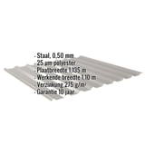 Damwandplaat 20/1100, grijs aluminiumkleurig, met ingebedde specificaties voor materiaal, dikte en coating