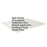 Damwandplaat 20/1100, Grijswit, met ingebedde specificaties voor materiaal, dikte en coating